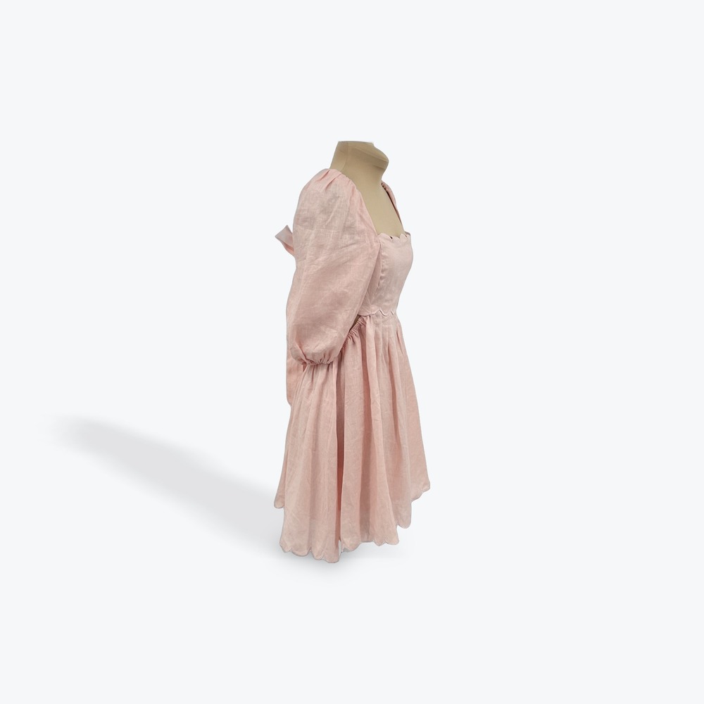 Mable Pink Linen Dress‎ Open Back Puff Sleeve Scalloped Hem Square Neck Large - Picture 3 of 9